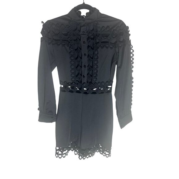 Women's L Black High-Neck Lace Trim Button-Up Romper Long Sleeve Elegant Chic - Picture 2 of 12